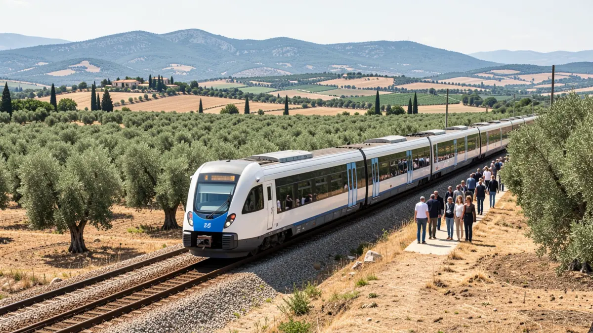 Imatge genèrica d'un tren circulant per un paisatge rural mediterrani.