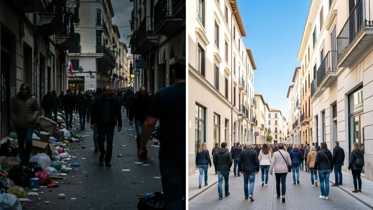 Imatge dividida que contrasta la degradació urbana amb la visió de progrés per a Sabadell.