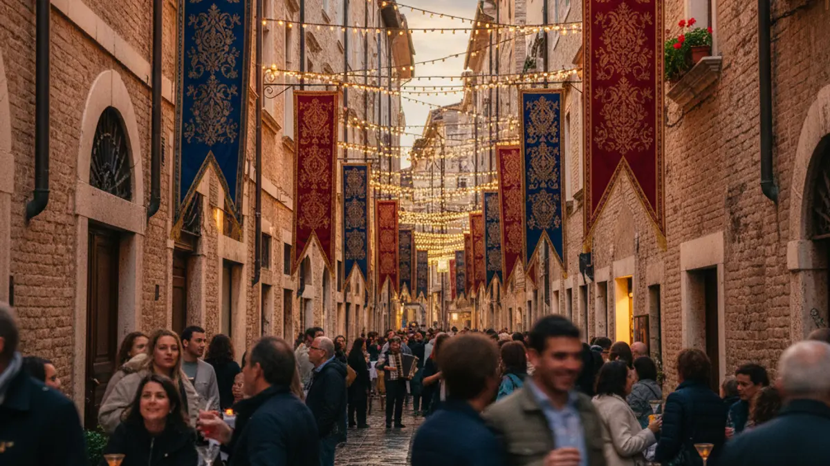 Generic image of a festive passage with lights and decorations.