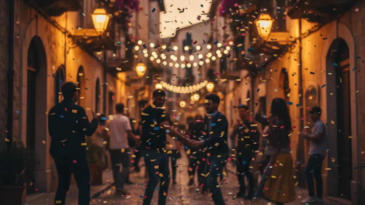 Generic image of a cultural celebration in a Mediterranean street with people and confetti.