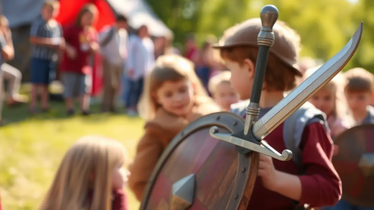 Imagen de un escudo de madera y una espada de juguete, con niños jugando en un campamento medieval al fondo.