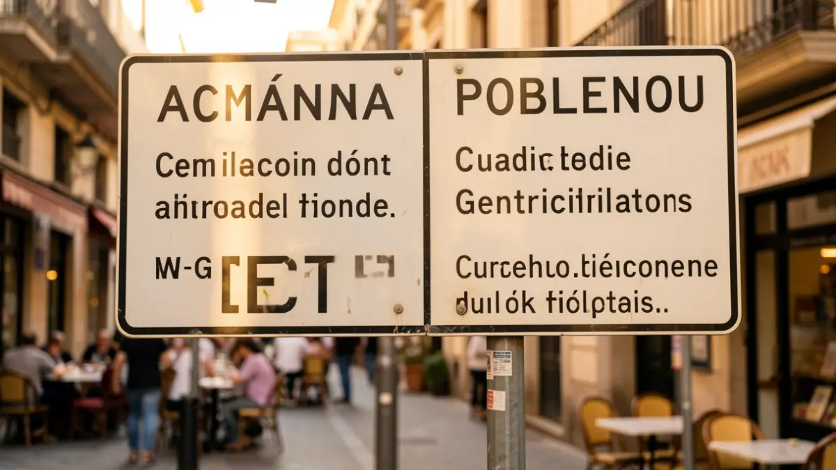 Street sign in Poblenou with Catalan and English lettering.