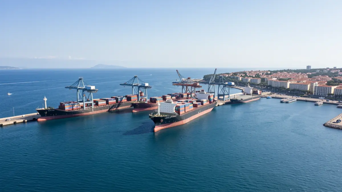 Aerial view of the Port of Tarragona with cargo ships and cranes.
