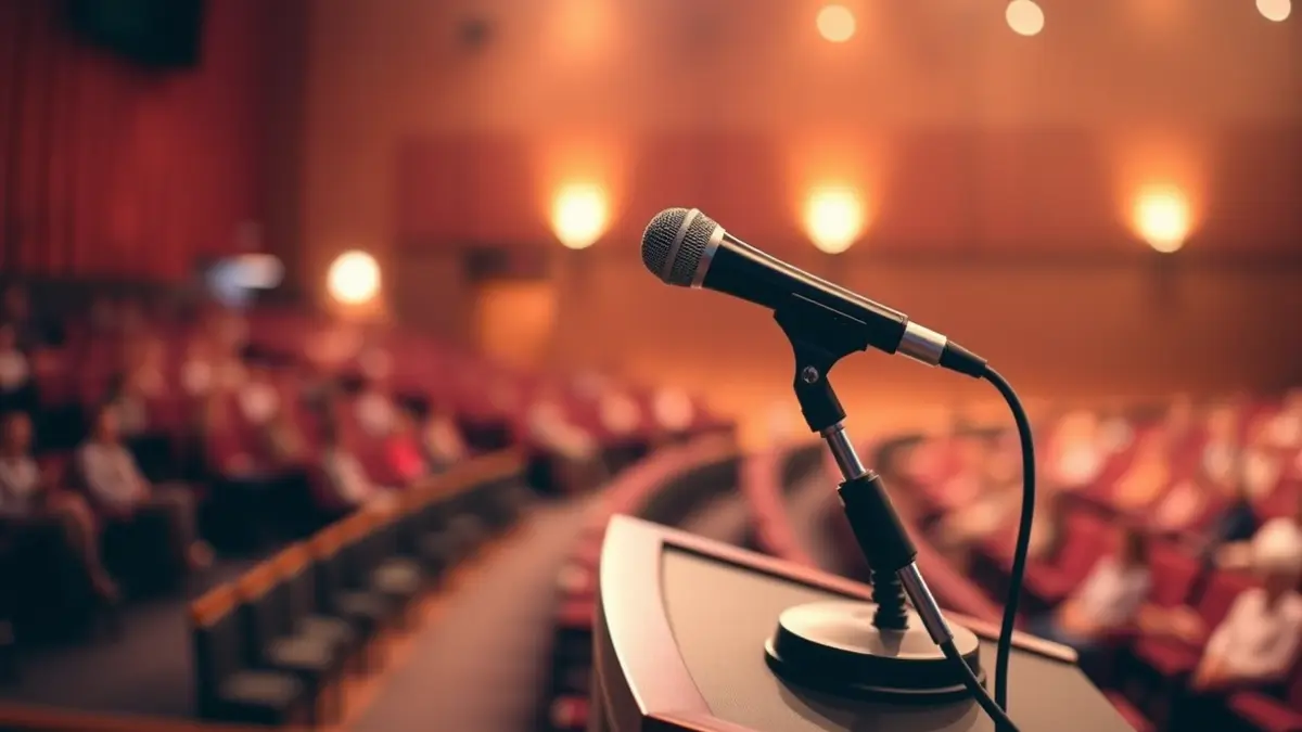 Imagen genérica de un podio con un micrófono en un auditorio, simbolizando un acto de entrega de premios.