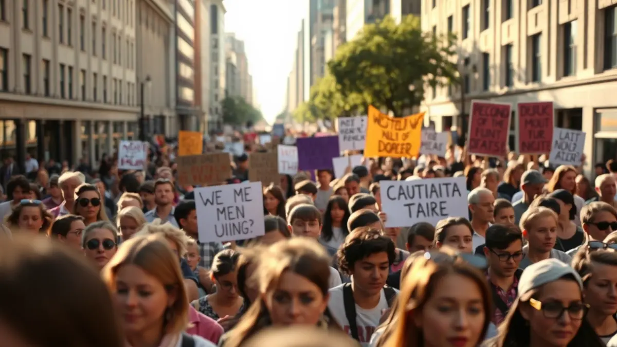Imagen genérica de una manifestación con pancartas y gente caminando por una calle.