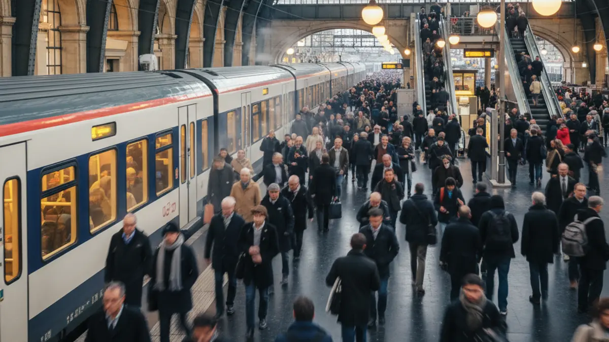 Generic image of a train station with passengers and an arriving train.