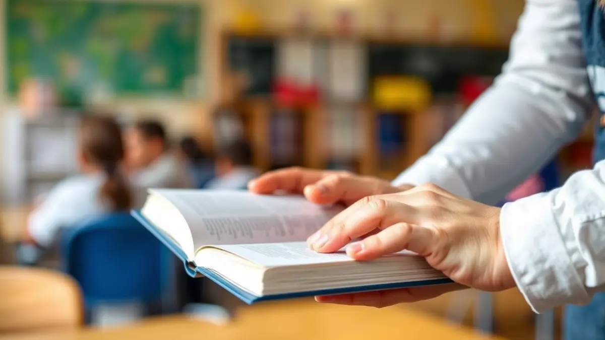 Generic image of two hands, one adult and one young, holding a book in a school setting.