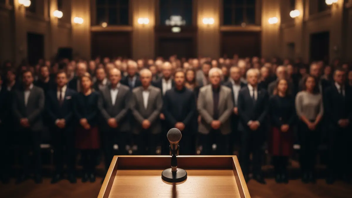 Generic image of a microphone on a podium during a political event.