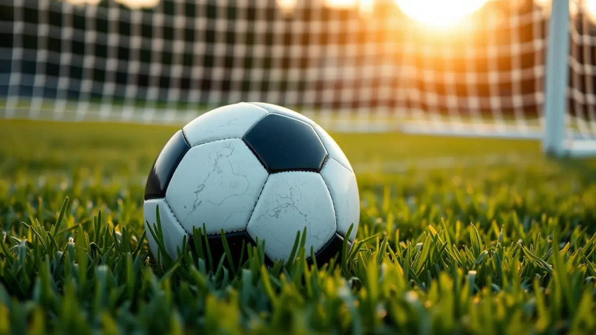 Generic image of a soccer ball on grass, with a blurred goal in the background.