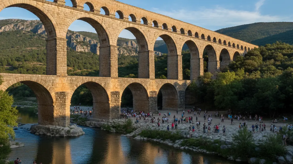 Image of an old stone aqueduct in a mountainous Catalan landscape, with green vegetation and blue sky.
