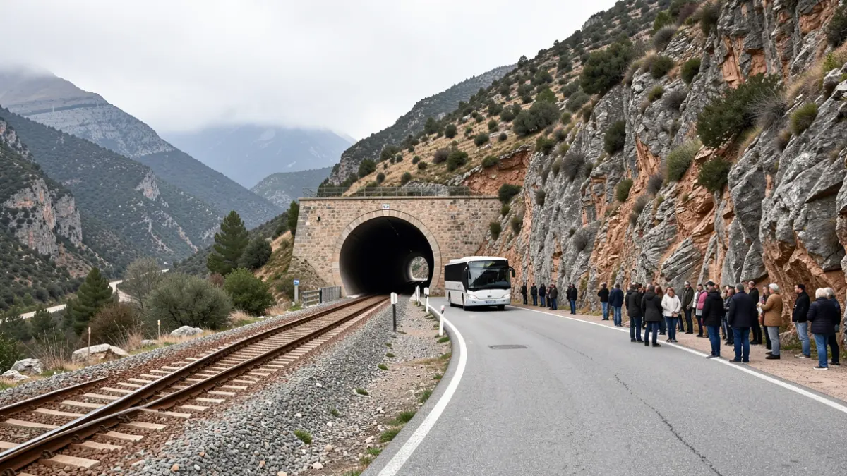 Generic image of train tracks and a bus in a mountainous area.