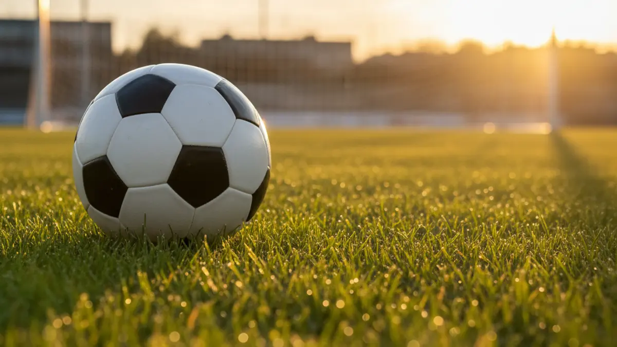 Generic image of a soccer ball on a grass field, with a blurred goal net in the background.