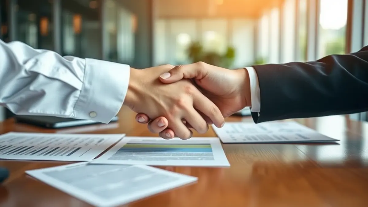 Imatge genèrica de dues mans encaixant sobre un escriptori, simbolitzant un acord empresarial.