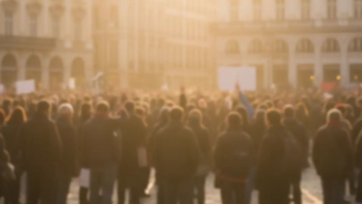 Generic image of a demonstration with blurred crowd and protest signs.