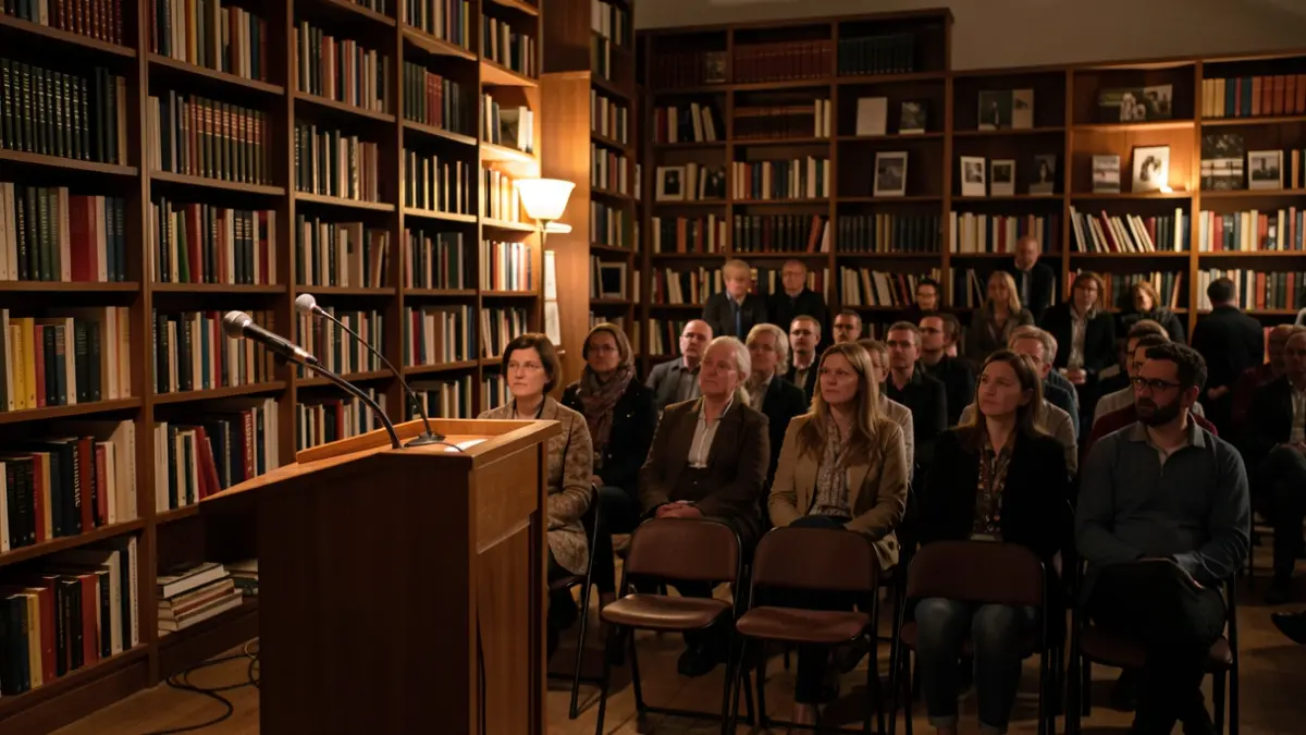 Imagen genérica de un interior de biblioteca con un atril y sillas.