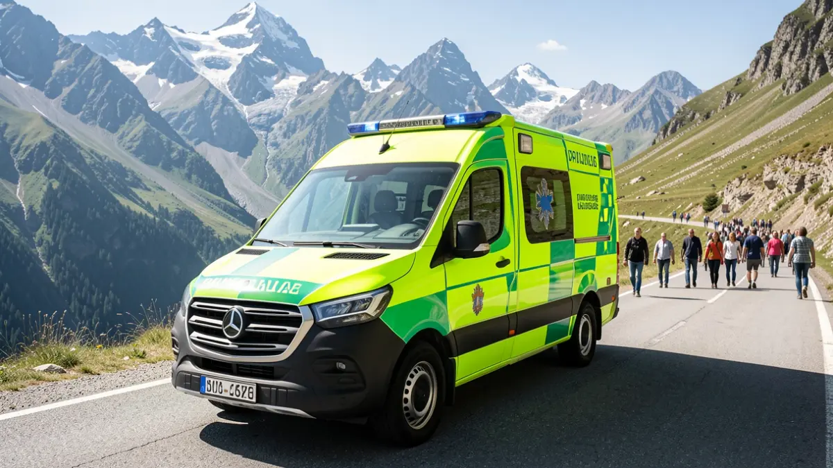 New ambulance with high-visibility Battenberg pattern in a mountain setting.
