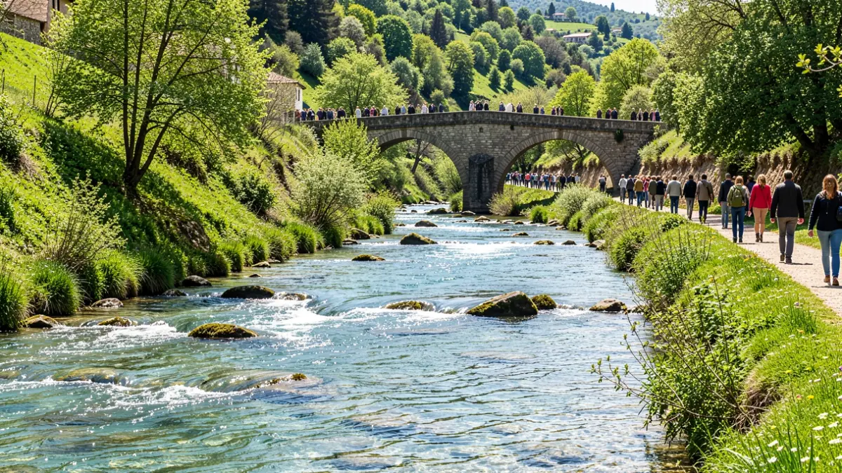 Imagen genérica de un río con vegetación abundante y un puente al fondo.