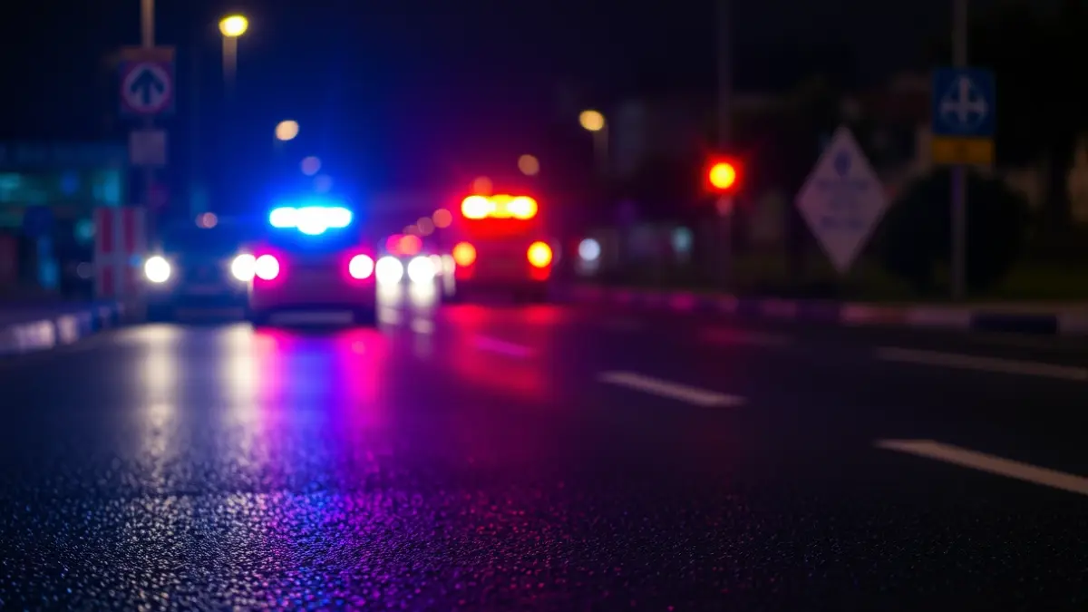 Generic image of emergency lights reflecting on wet asphalt at night.