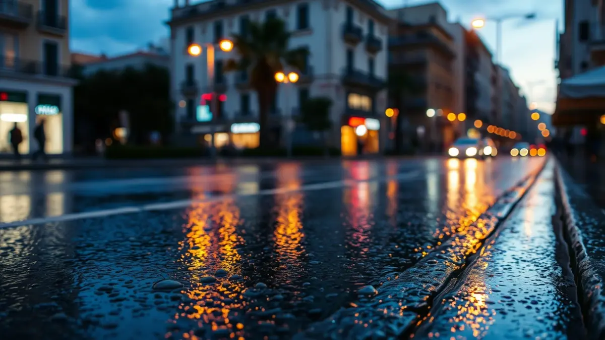 Imagen genérica de una calle mojada con reflejos de luces, sugiriendo lluvia.