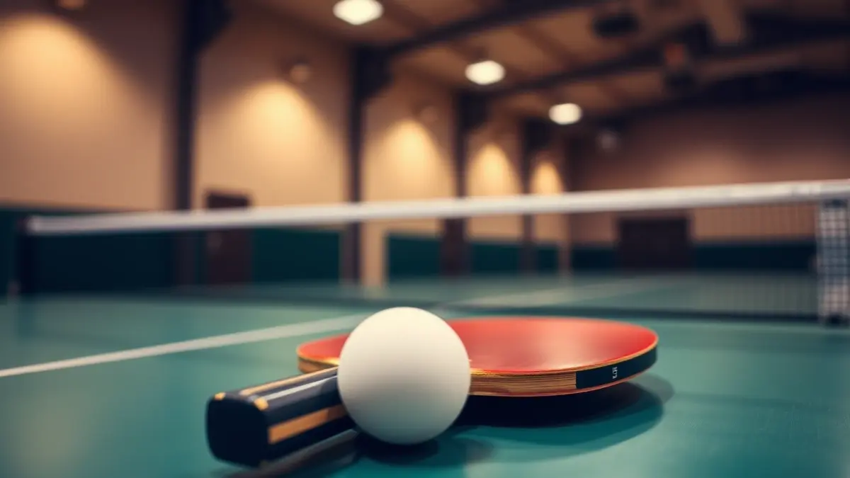 Generic image of a table tennis paddle and ball on a green table.