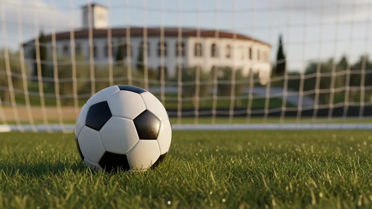 Balón de fútbol sobre el césped de un campo, con la portería al fondo.