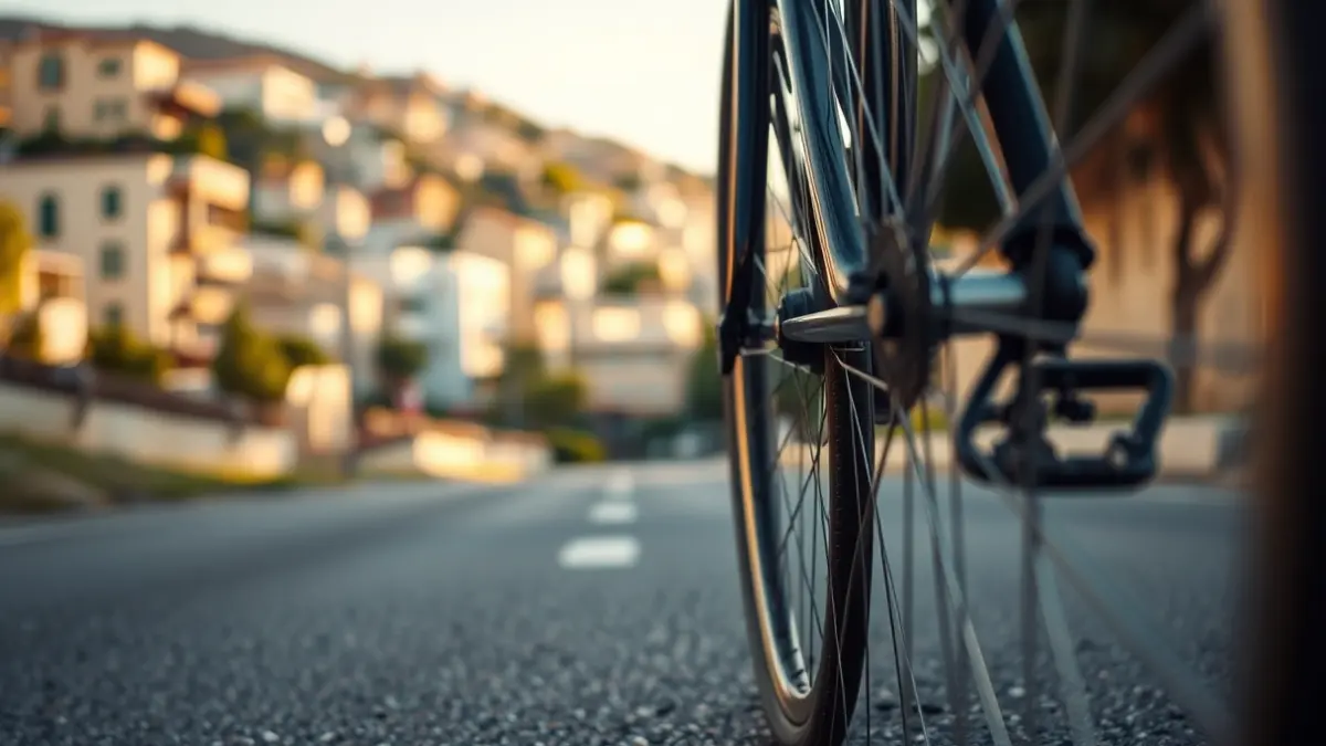 Imatge genèrica d'una roda de bicicleta en moviment amb un fons urbà difuminat.