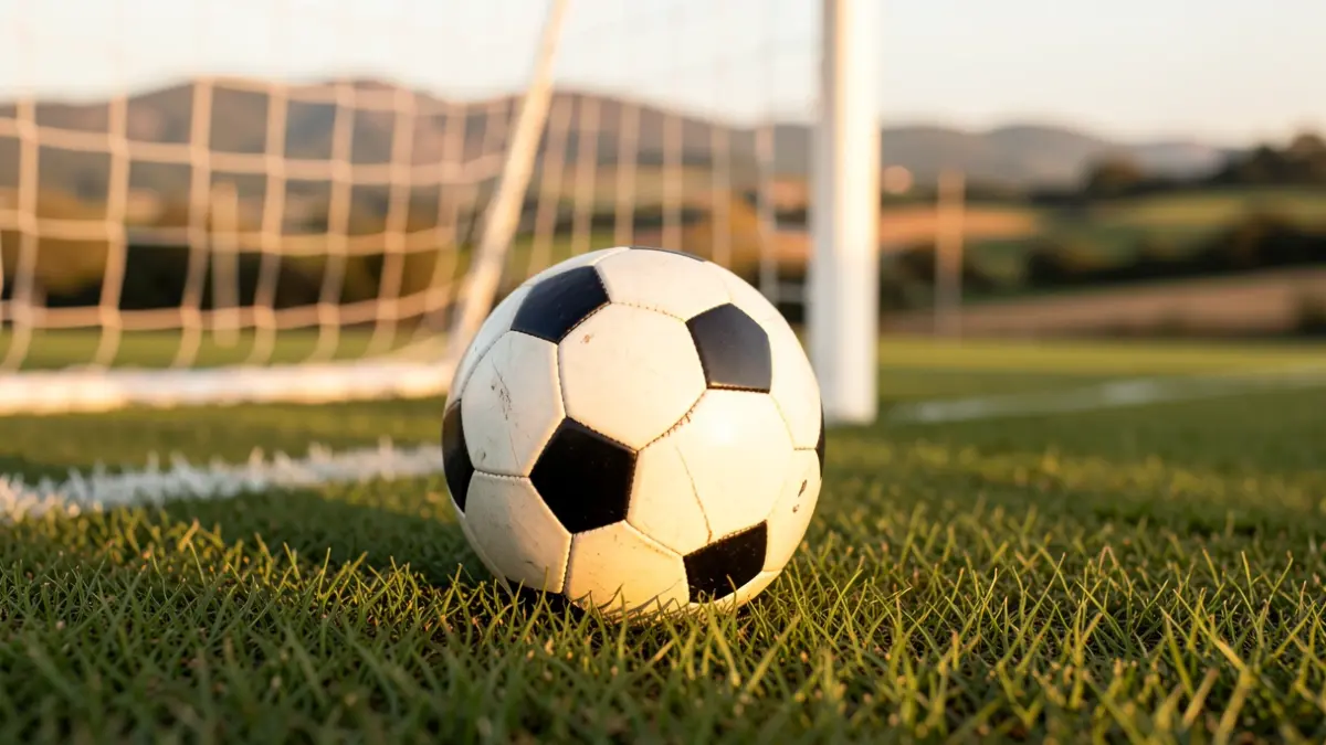 Generic image of a soccer ball on grass with a blurred goal net in the background.