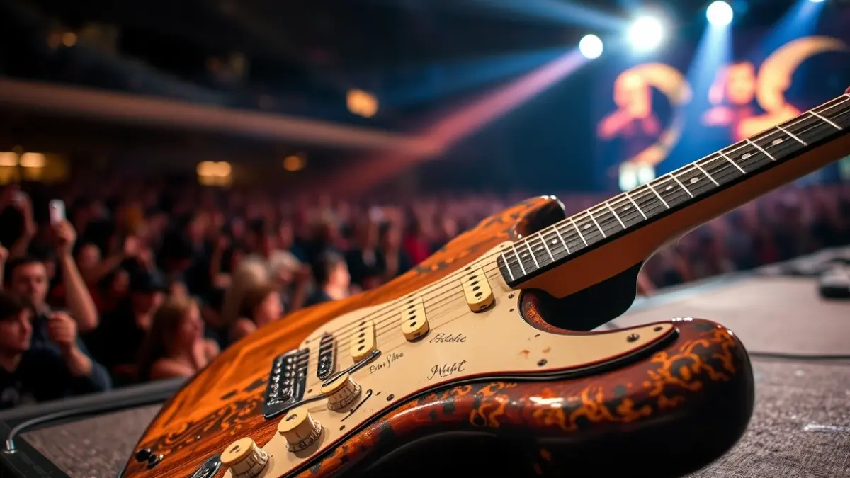 Generic image of an electric guitar on a concert stage.