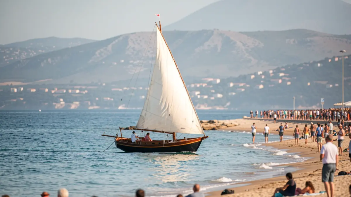 Imagen genérica de un patín de vela navegando cerca de la costa.