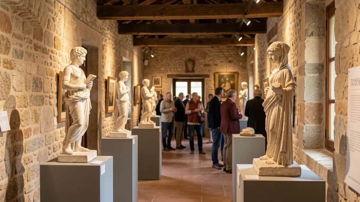 Generic image of a museum with art pieces and warm lighting.