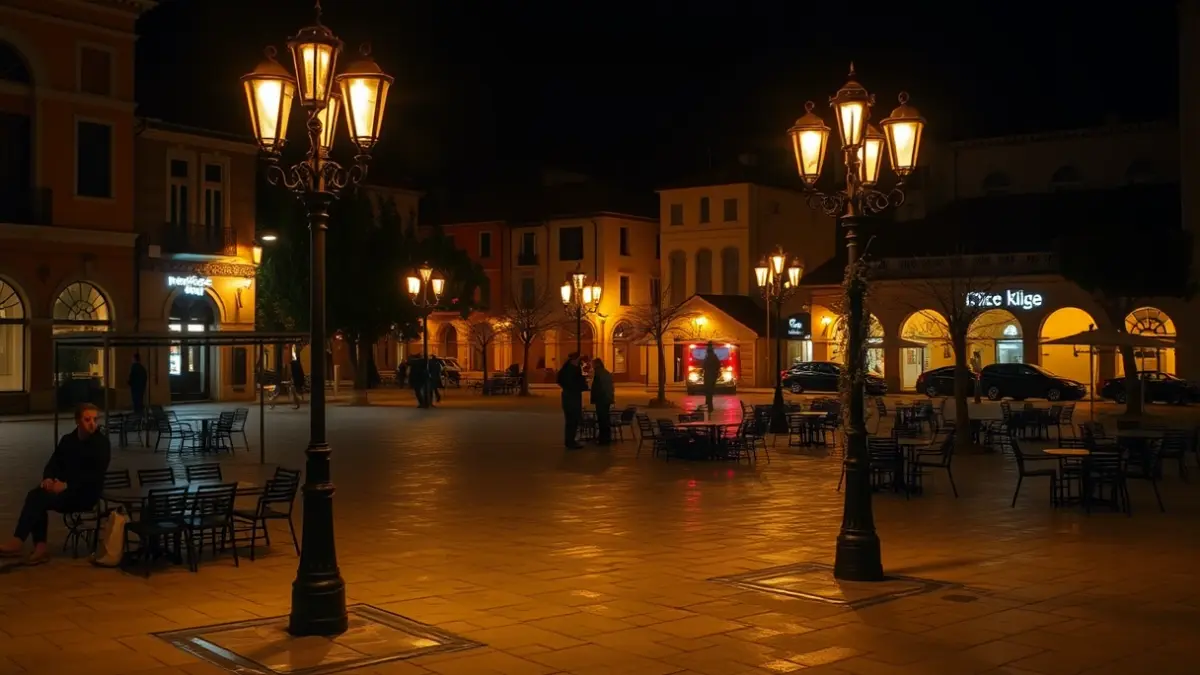Imatge genèrica d'una plaça mediterrània de nit amb llums d'emergència borroses al fons.
