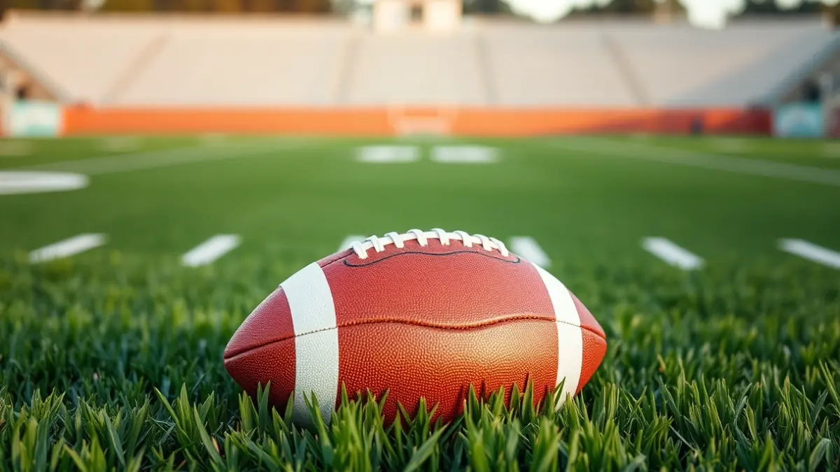 Generic image of an American football on a field's grass.