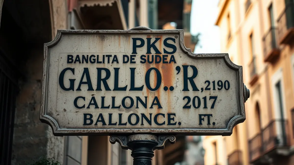 Señal de calle antigua con múltiples nombres en un barrio de Barcelona