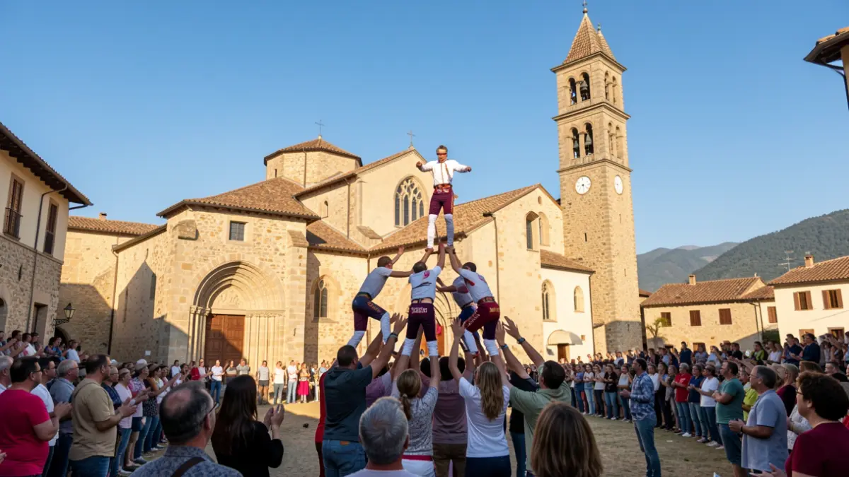 Imatge genèrica de castellers davant l'església de Sant Climent de Taüll.