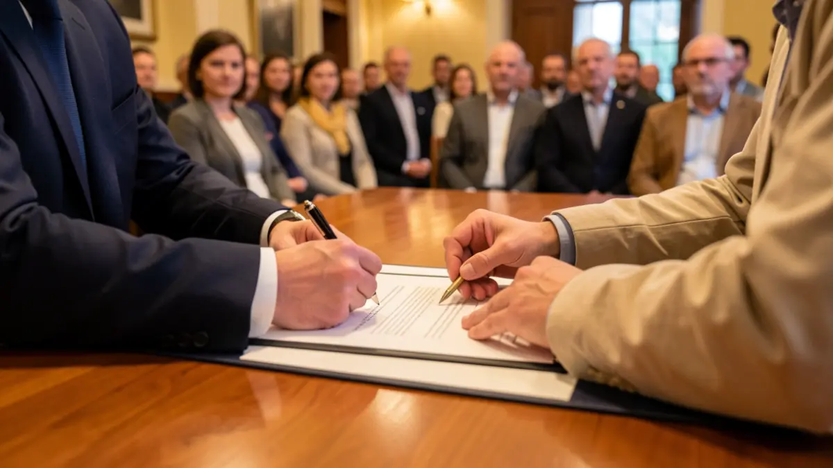 Generic image of two people signing a document on a table.