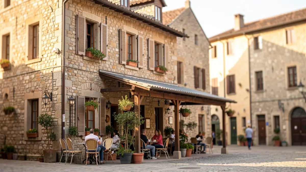 Imatge genèrica d'un bar amb terrassa en una plaça històrica.
