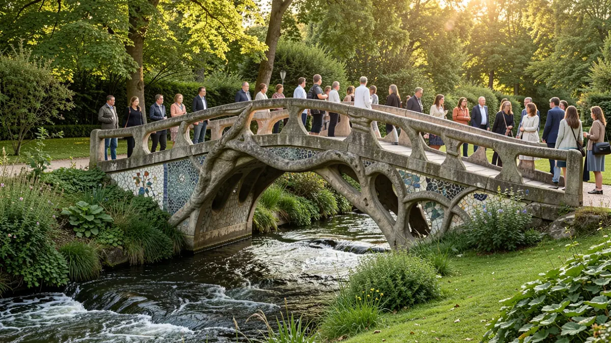Pont de pedra amb detalls de trencadís en un jardí.