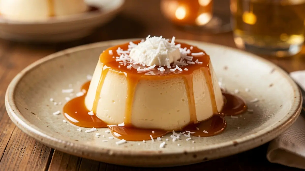 Imagen genérica de un flan casero con caramelo y coco.