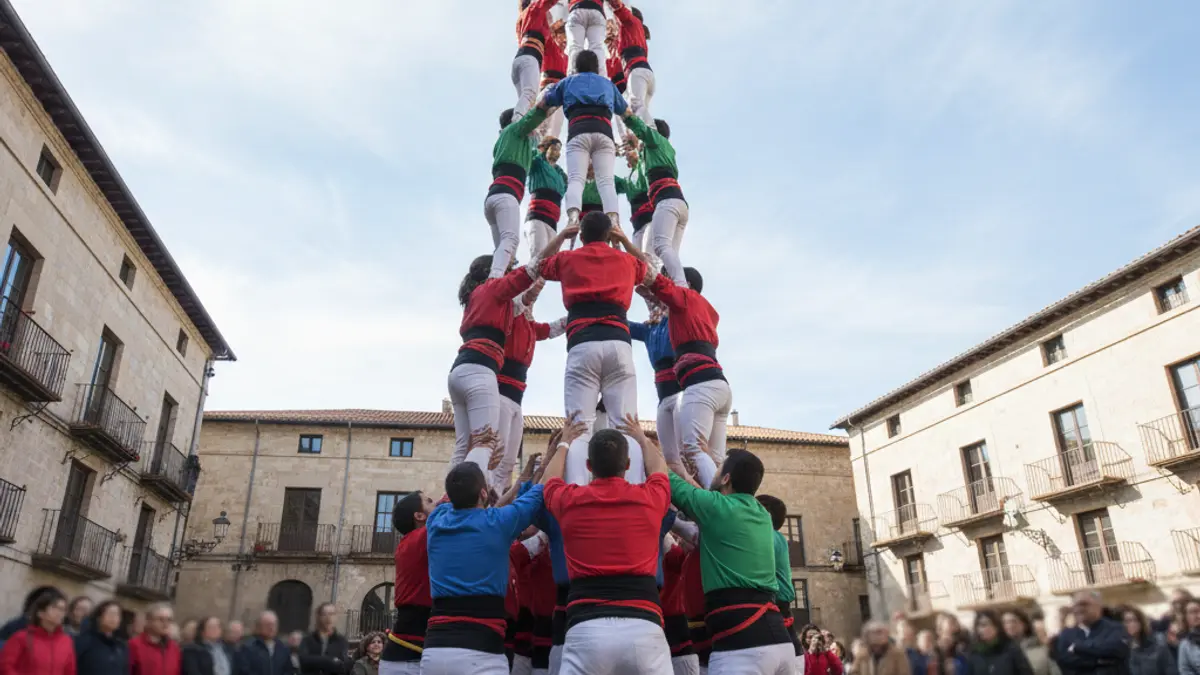 Imatge d'una colla castellera construint una torre humana