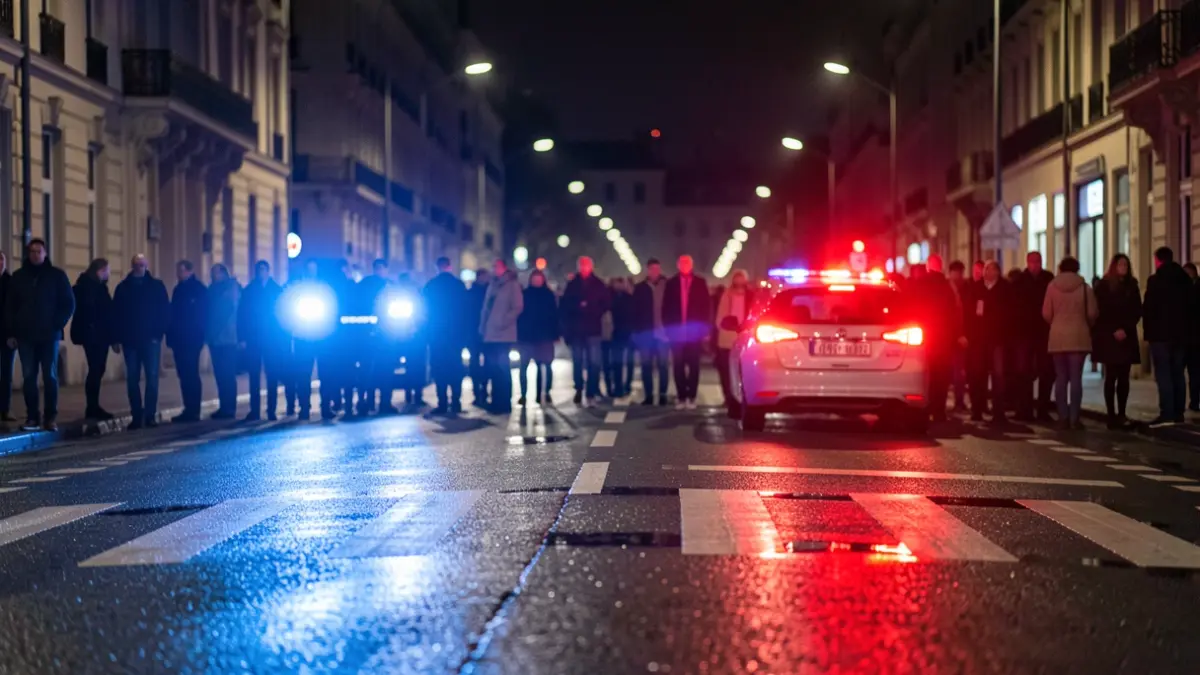 Imagen genérica de luces de emergencia policiales reflejándose en asfalto mojado por la noche.