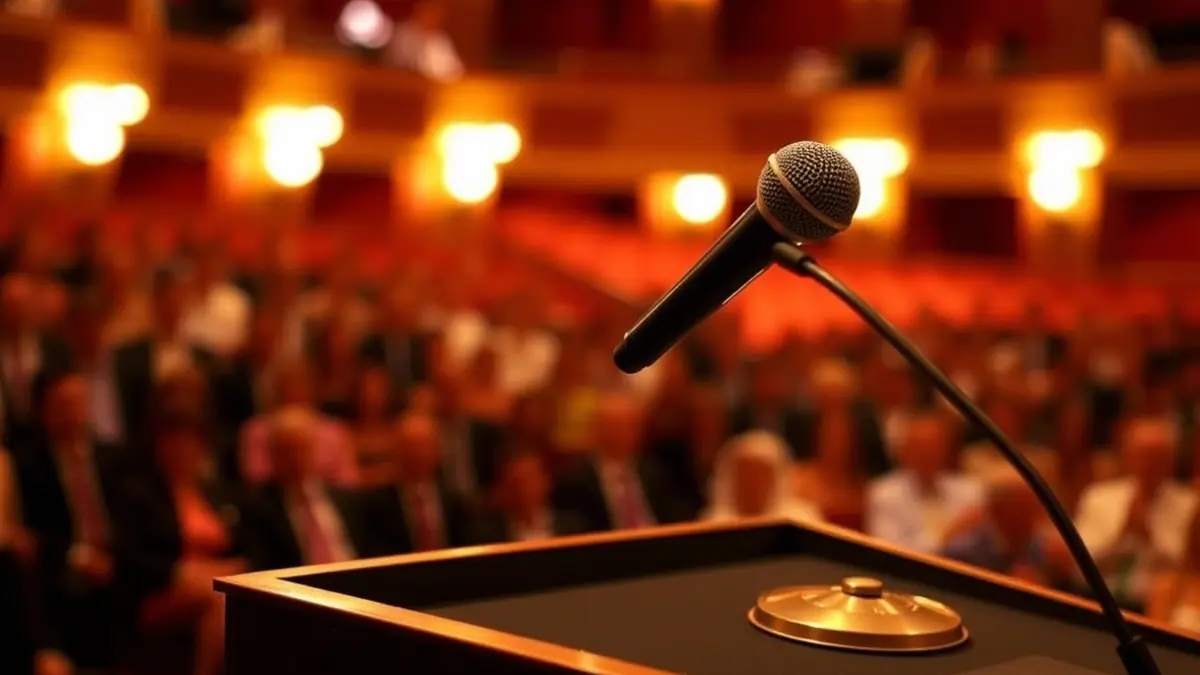 Imagen genérica de un micrófono en un podio durante una ceremonia de premios.