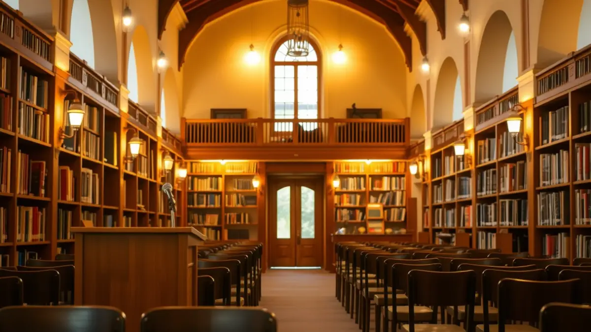 Generic image of a library interior with wooden bookshelves and a podium with a microphone.