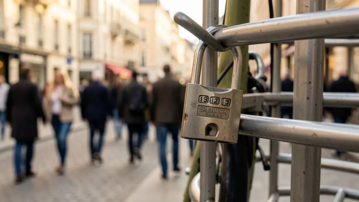 Generic image of a bicycle lock in an urban parking area.
