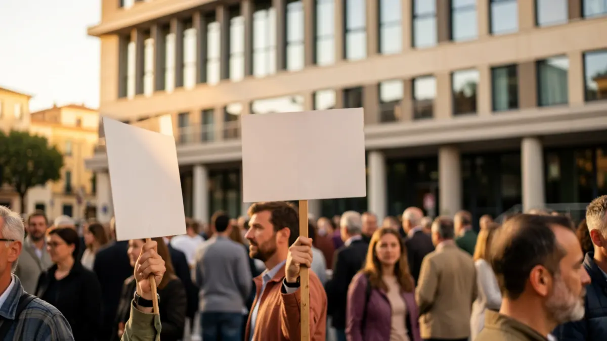 Treballadors concentrats davant d'un edifici d'oficines en una jornada de protesta laboral.