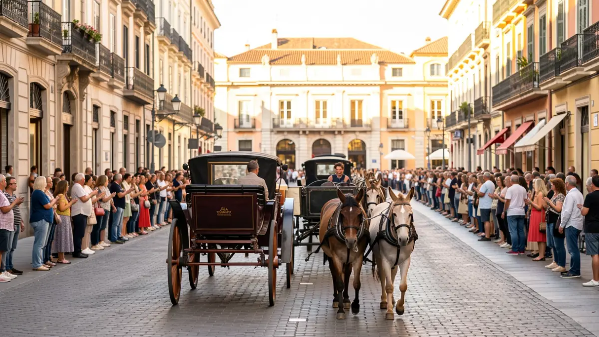 Cabalgata de los Tres Tombs de Sant Antoni con carruajes y espectadores.