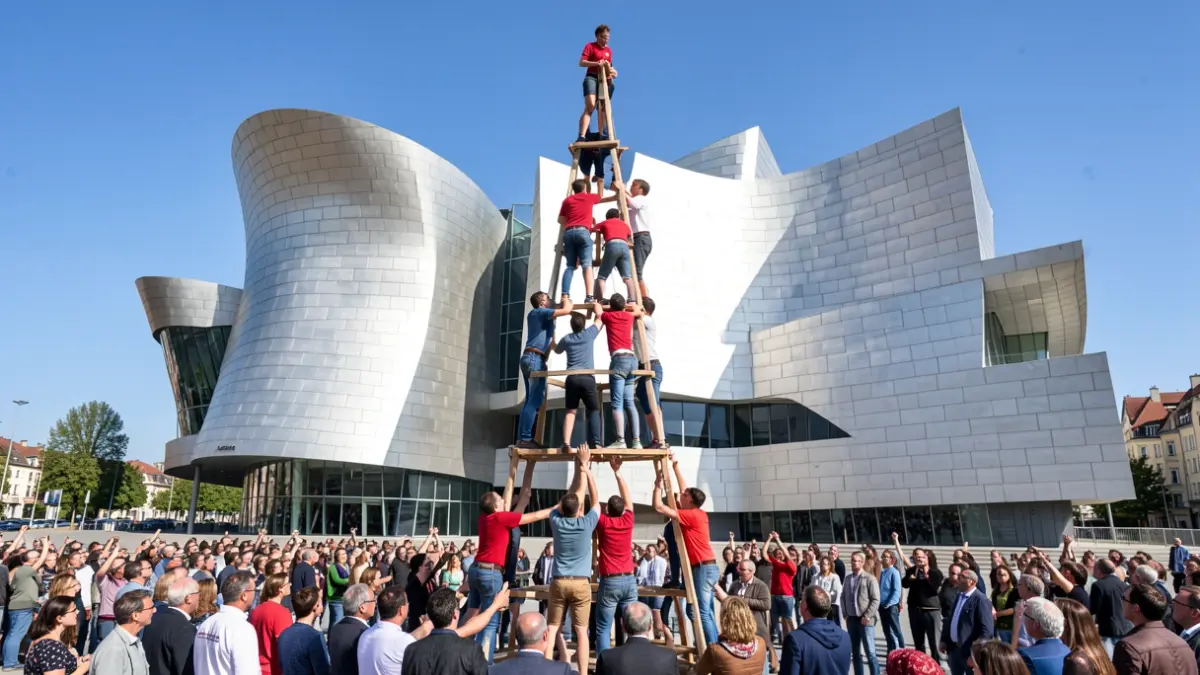 Imatge genèrica de castellers formant una torre humana davant del Museu Guggenheim de Bilbao.