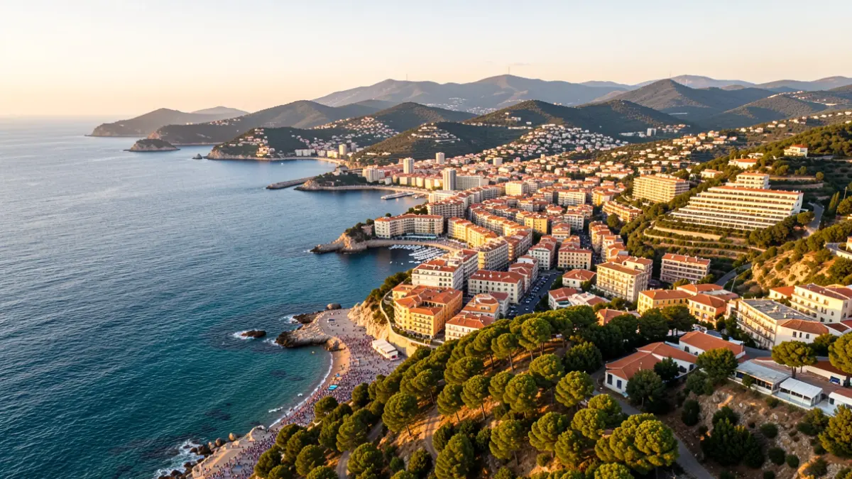 Vista aèria de la costa de Roses, amb el municipi i el seu entorn.