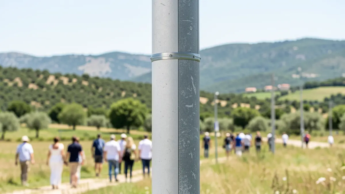 Generic image of fiberglass utility poles in a rural setting.