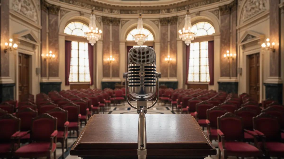 Generic image of a microphone on a podium in an institutional hall.