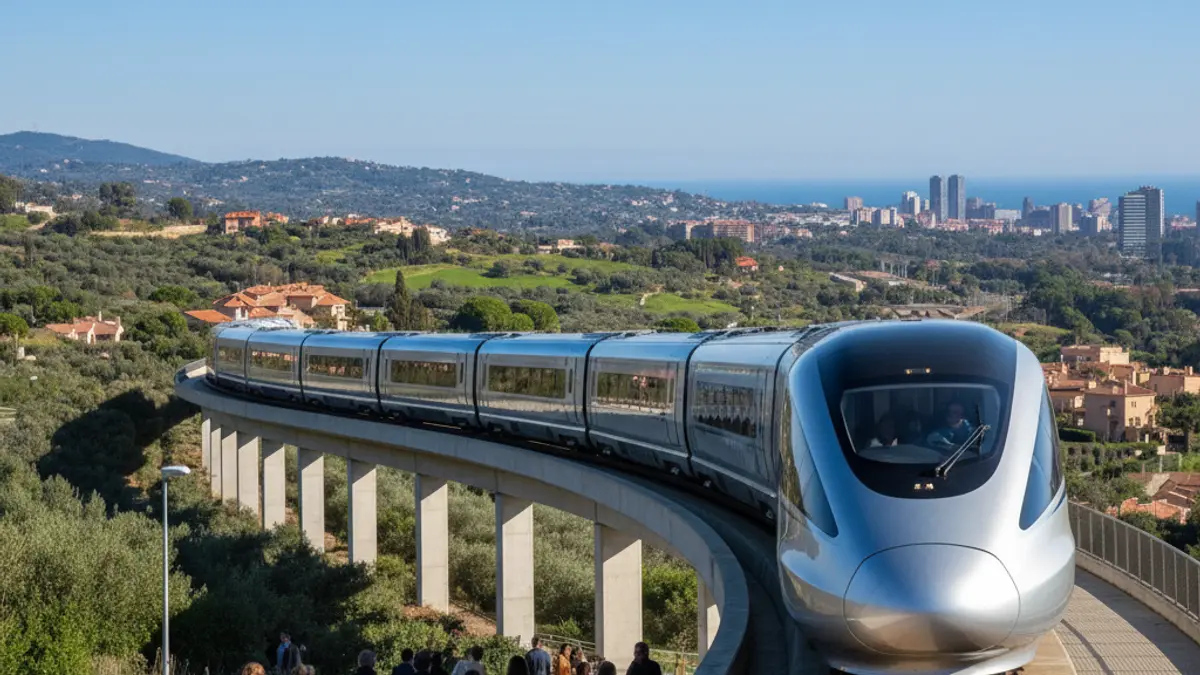 Generic image of a modern train on a railway track, with a Catalan landscape in the background.